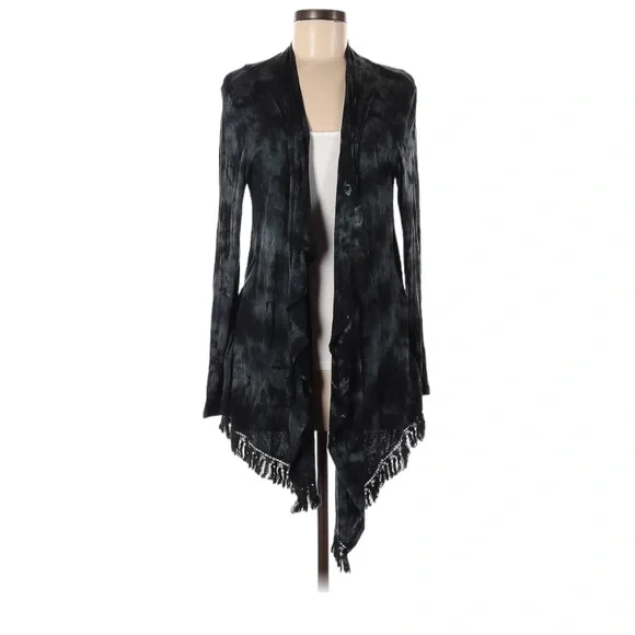 American Age Open Front Boho Fringe Acid Wash Black Tie Dye Cardigan Sz Small - Picture 2 of 16
